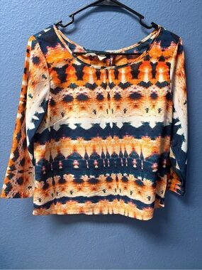 Japna Orange and Navy Patterned Scoop Neck Long Sleeve Top